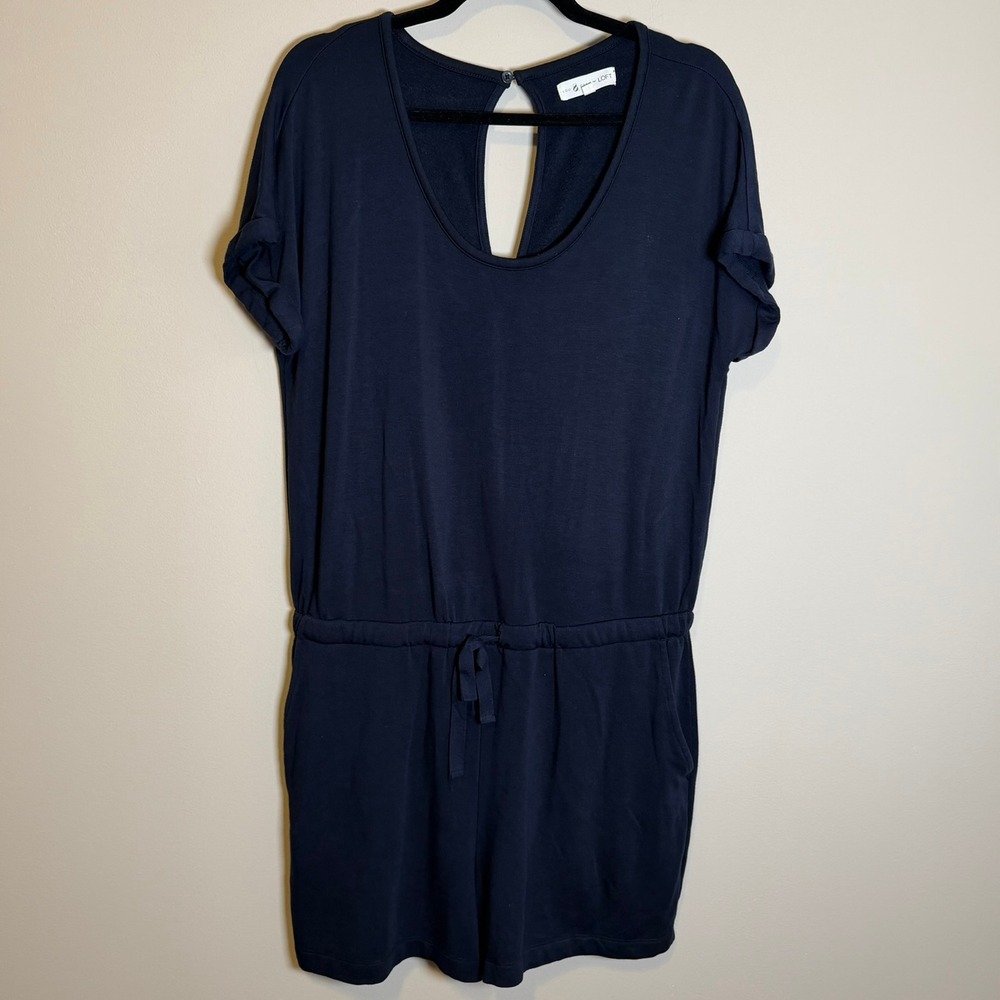 Lou & Grey For LOFT Navy Blue Knit Romper Short Sleeve Keyhole Back Large